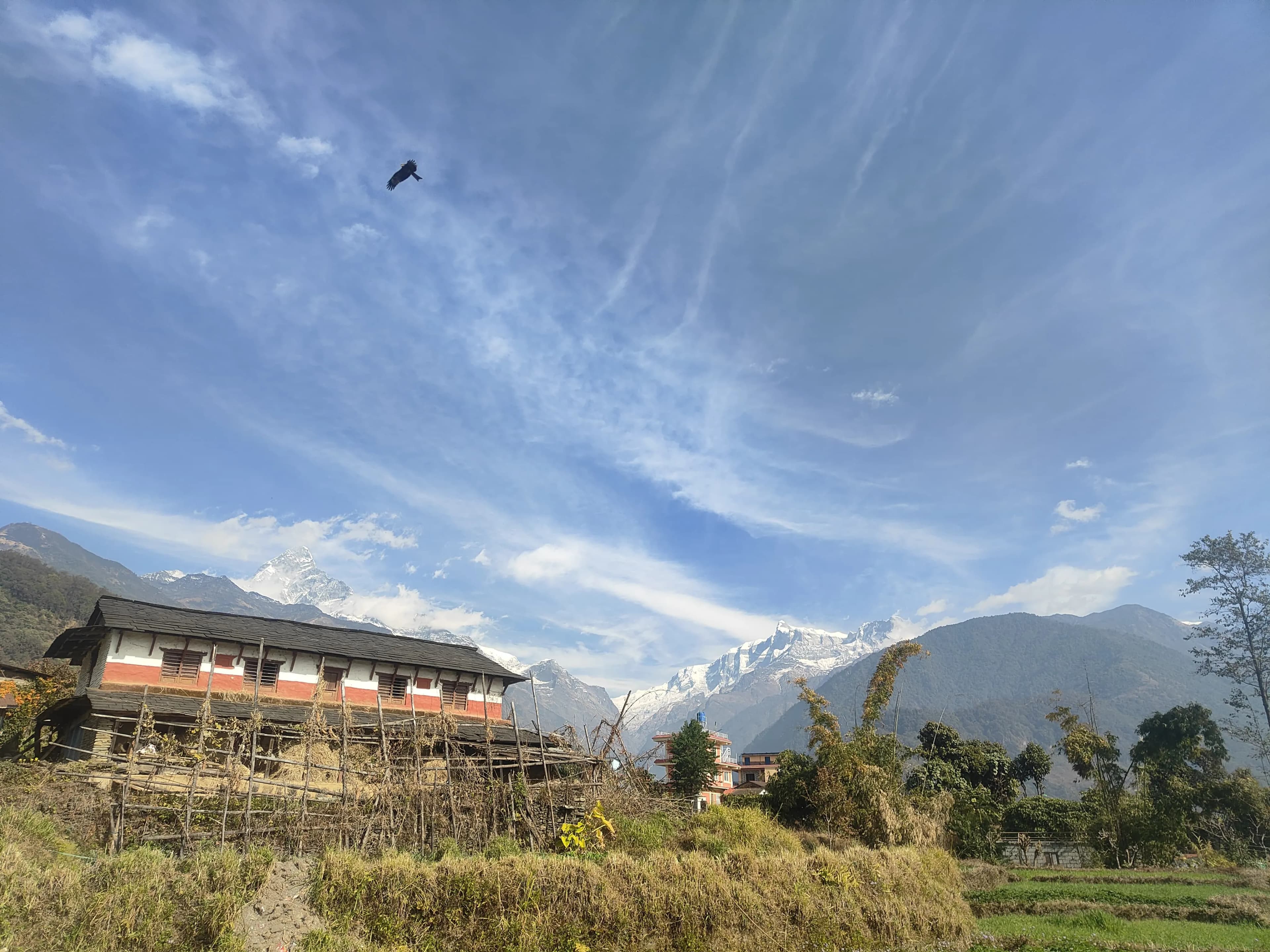 Ghachowk village above Pokhara with Machhapuchhre and the Annapurna range behind, the setting for our yoga retreats in Nepal